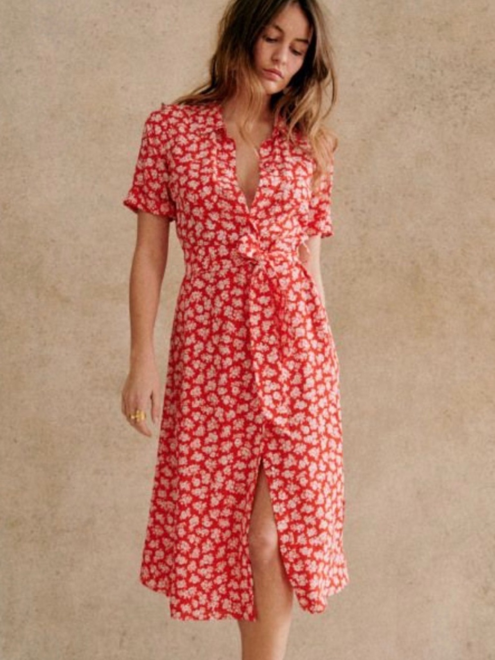 Sezane Adele Dress in Red Cara / Floral Midi Dress FR 38/US 6